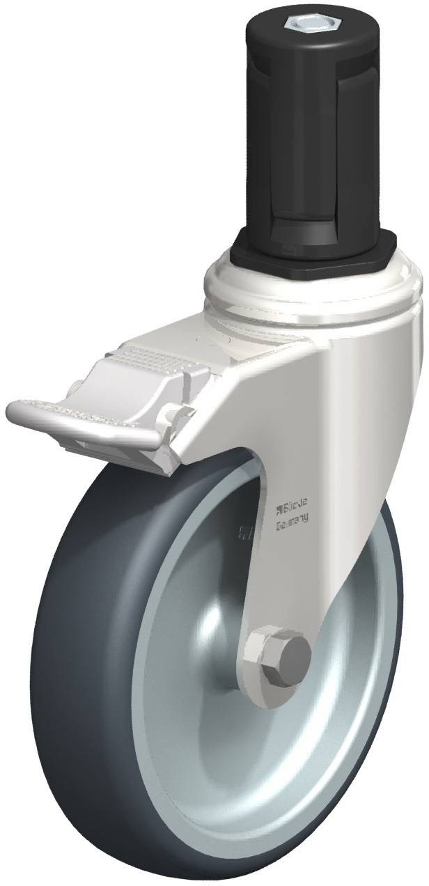 Ein einzelnes, schwarzes und silbernes Schwenkrad mit Bremse, ideal für Möbel oder Transportwagen.