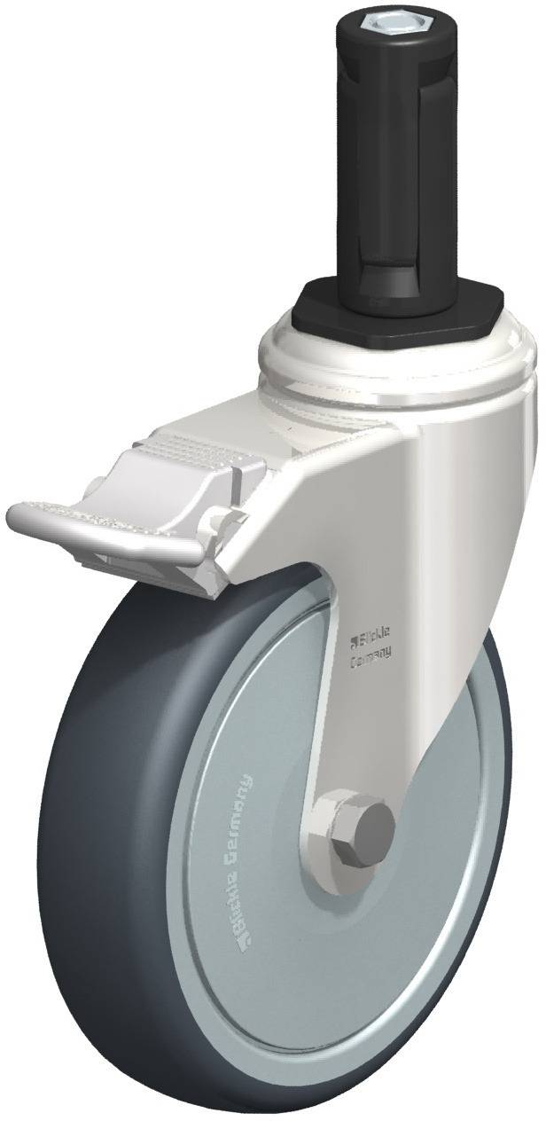 Ein einzelnes graues Drehgelenk-Rad mit schwarzem und silberfarbenem Gehäuse. Ideal für mobile Anwendungen mit leichter Manövrierbarkeit.