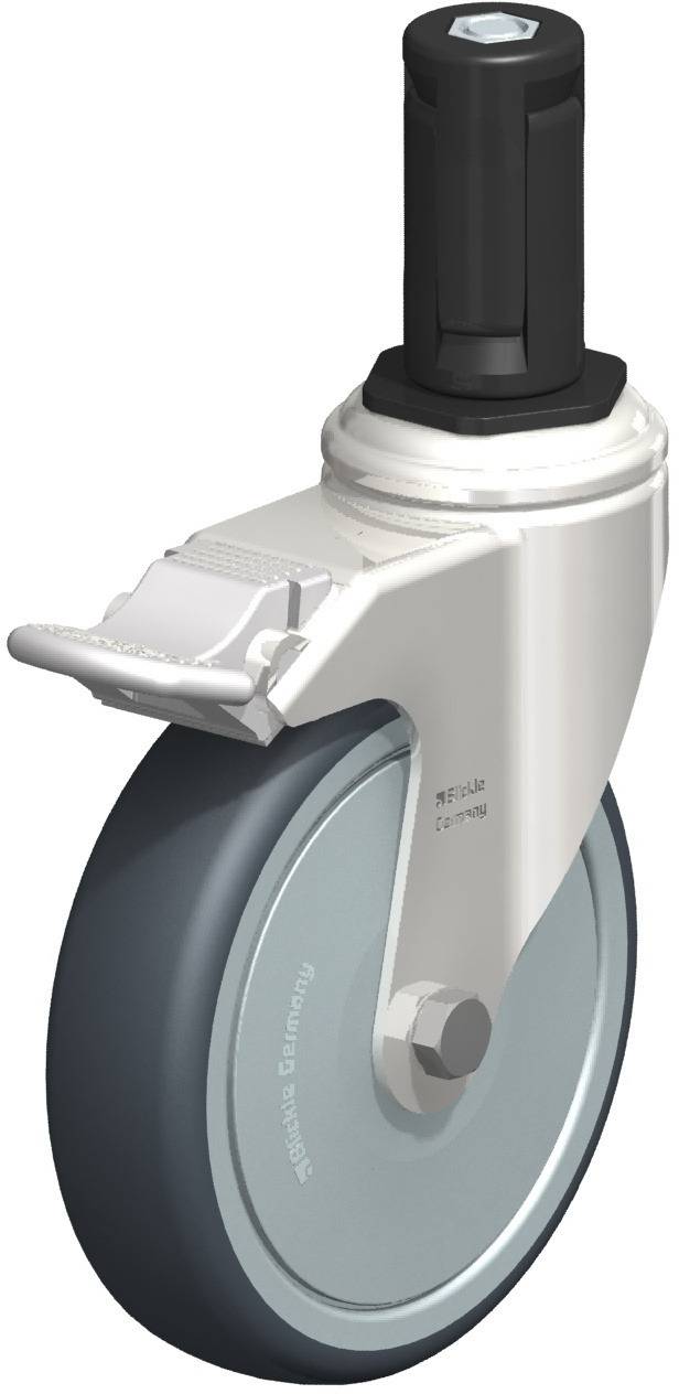 Ein drehbares Lenkrolle mit schwarzem Gehäuse und grauem Rad. Geeignet für Möbel oder Geräte. Robust und langlebig.