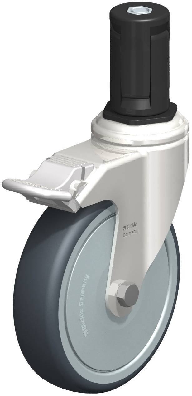 Industrie-Doppelrollenrad mit Bremse und schwarzem Kunststoffgehäuse, geeignet für Transport- und Produktionsanwendungen.