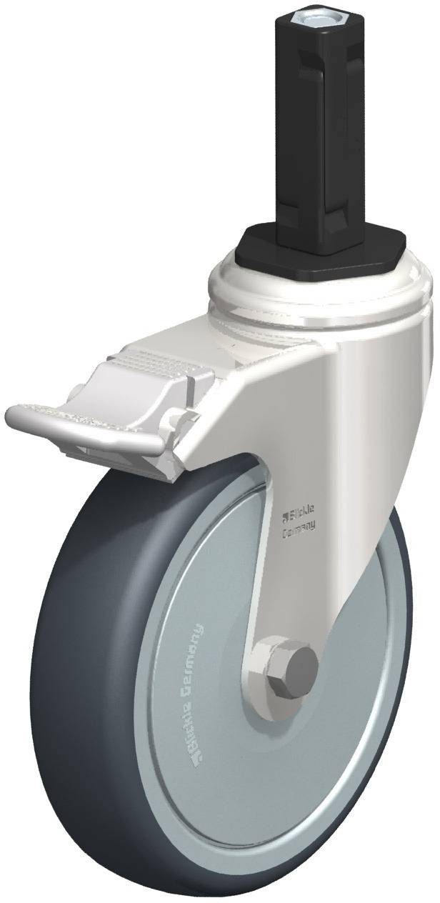 Industrie-Lenkrolle mit grauem Rad und schwarzem Befestigungselement, geeignet für den Einsatz in medizinischen Geräten und Möbeln.
