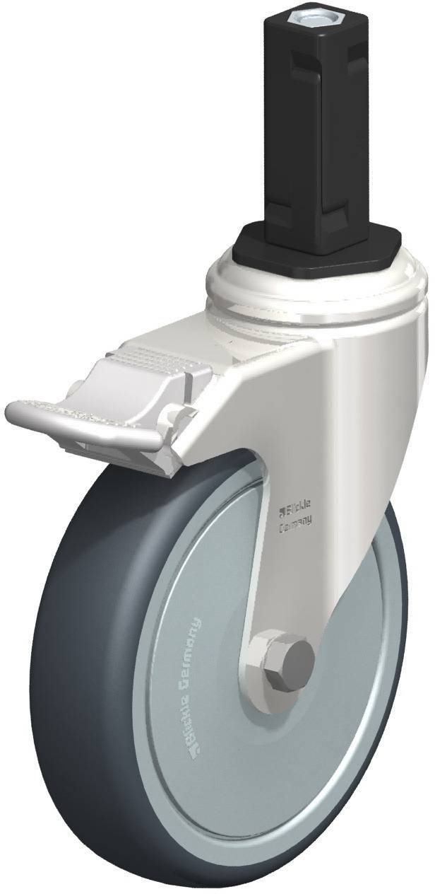 Schwenkrolle mit Bremse und grauer Gummireifen, geeignet für Möbel oder Geräte.