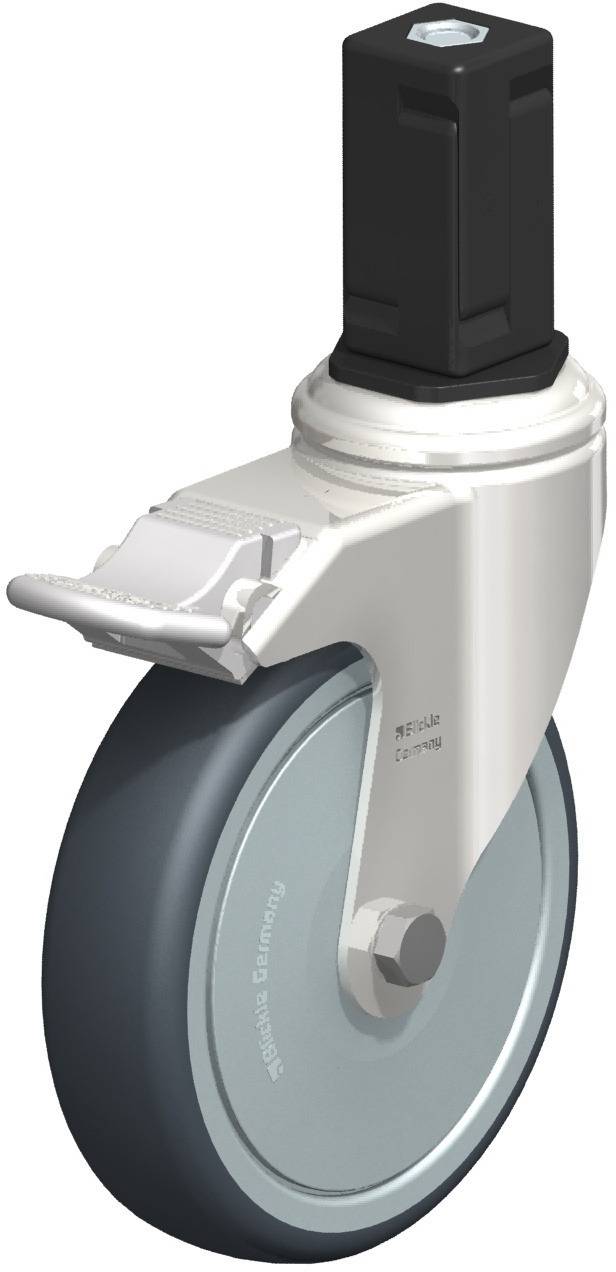 Schwenkrolle mit Bremse, graues Rad und schwarzem Befestigungsadapter. Geeignet für Möbel oder Industrieanwendungen.