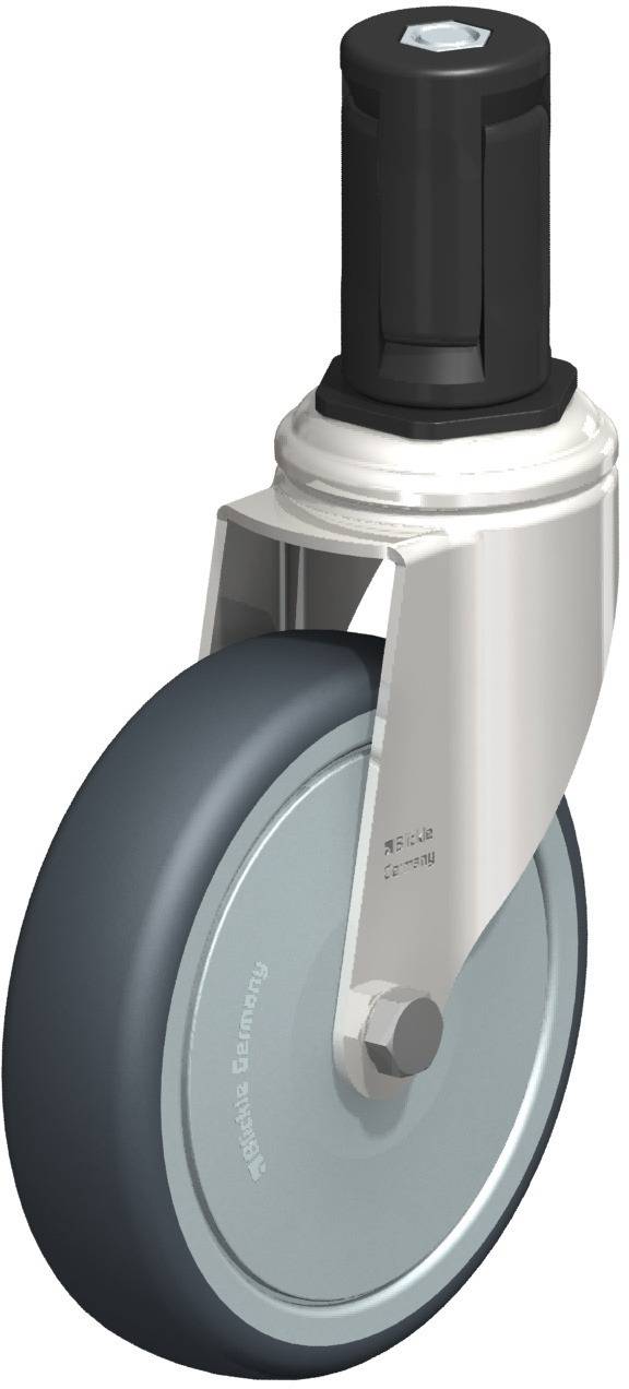 Industrie-Lenkrolle mit schwarzem Zylinder, grauem Gummi-Rad und silberner Halterung. Eignet sich für schwere Lasten.
