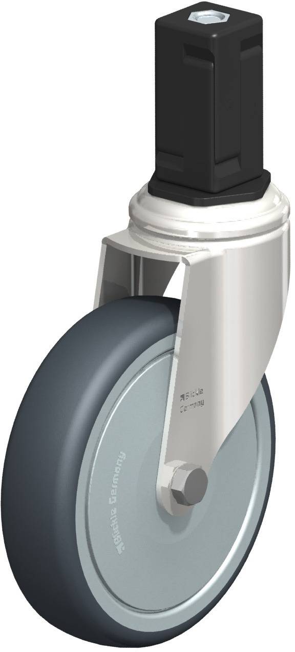 Lenkrolle mit schwarzen Befestigungselementen und grauem Rad. Geeignet für Industrieanwendungen.