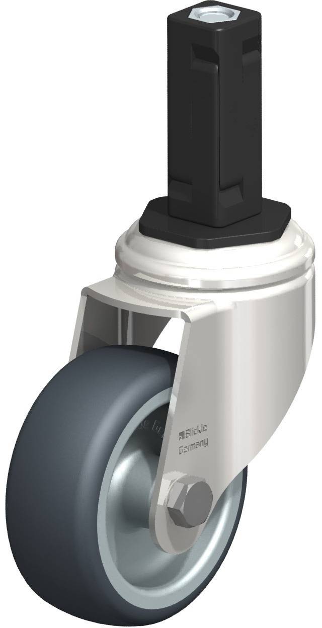 Metallrolle mit schwarzem Gelenk oben und grauem Reifen.