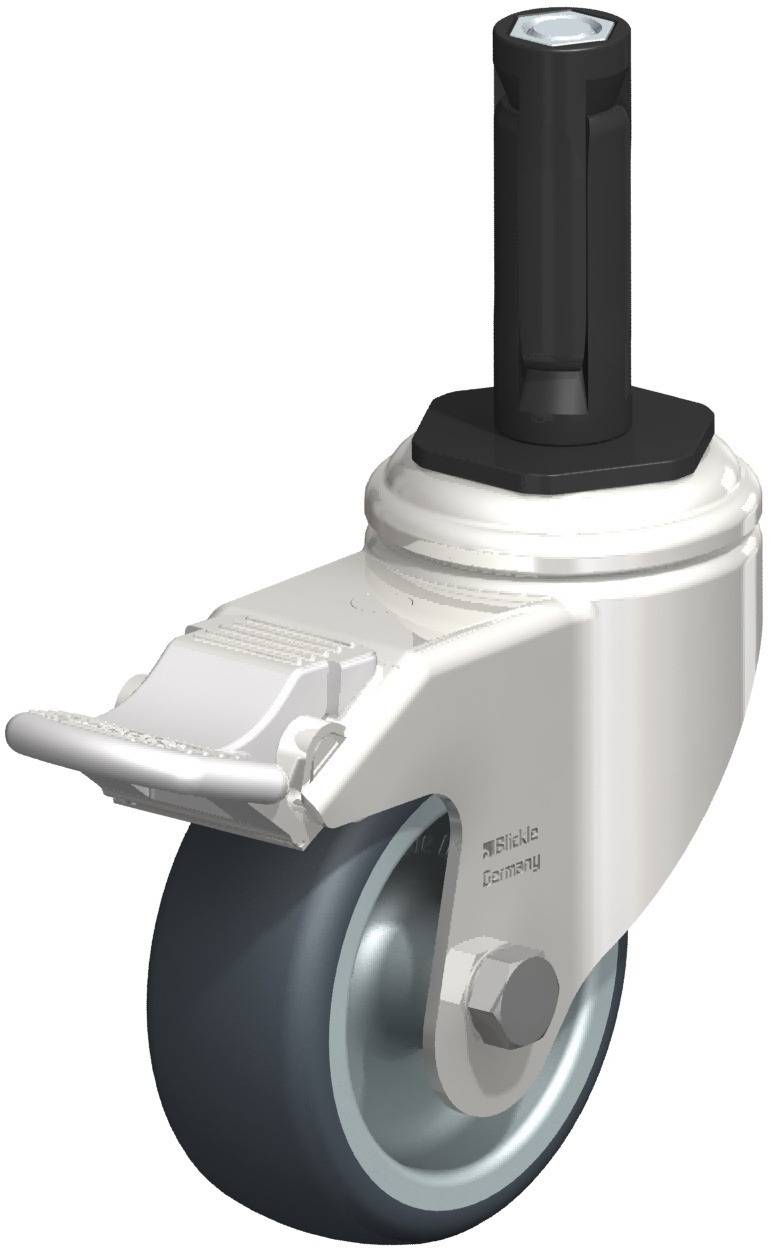 Industrie-Schwenkrolle mit Metallgehäuse und Gummirad, feststellbar. Geeignet für Bau- oder Transportgeräte.