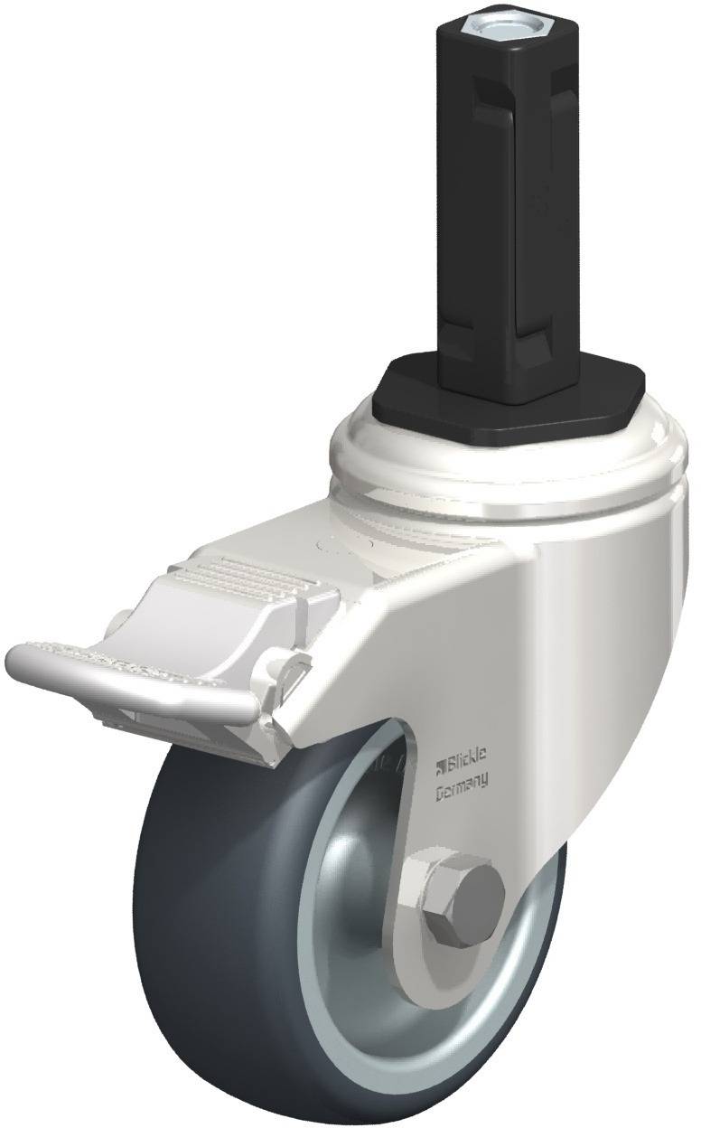 Ein einzelnes Rad mit einem robusten schwarzen Halter und einer grauen Rolle, möglicherweise Teil eines Möbelstücks oder technischen Geräts.