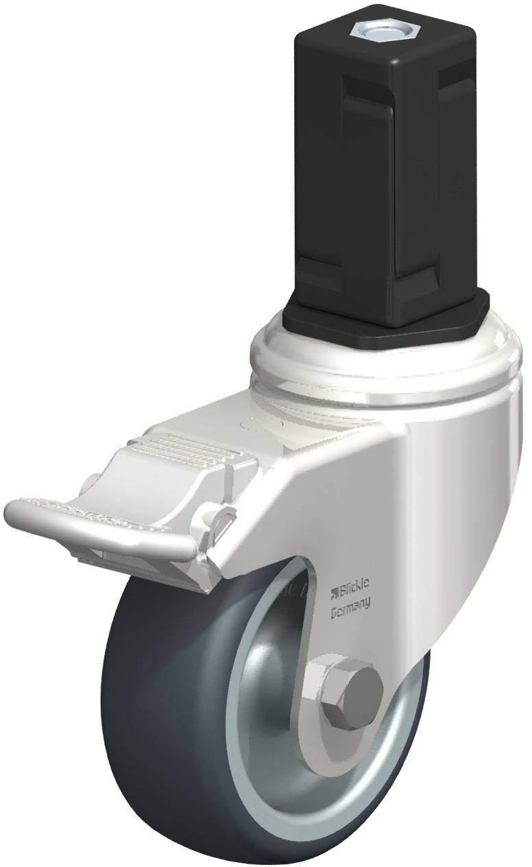 Industrie-Doppelrolle mit schwarzem Gehäuse und silbernem Rad. Die Rolle ist für den Einsatz in Maschinen oder schweren Geräten ausgelegt.