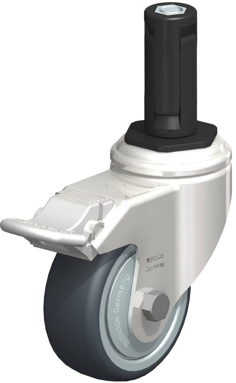 Schwenkrolle mit grauem Rad, schwarzem Edelstahlgehäuse und Gewindestift. Geeignet für Möbel oder Industrieanwendungen.