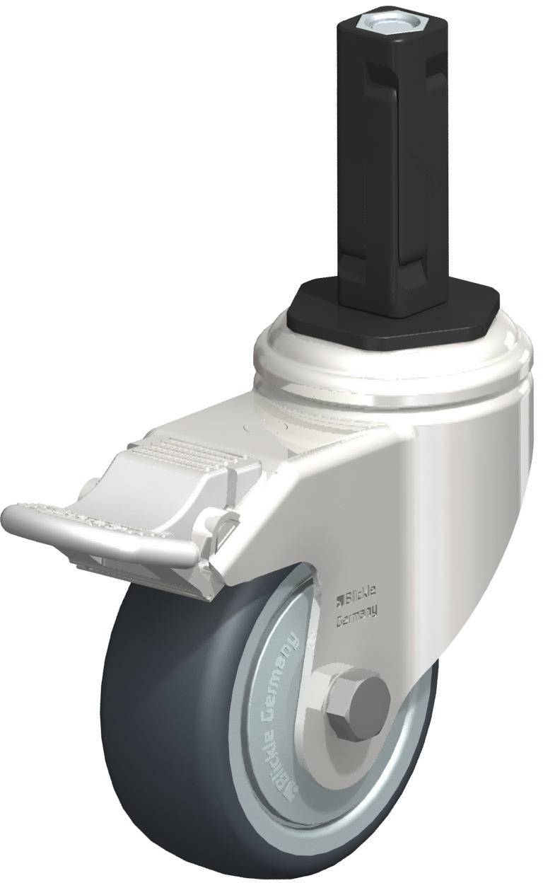 Industrie-Lenkrad mit Bremse, graues Gummi, schwarze Halterung oben. Geeignet für Transportgeräte oder Möbel, um Mobilität zu erleichtern.