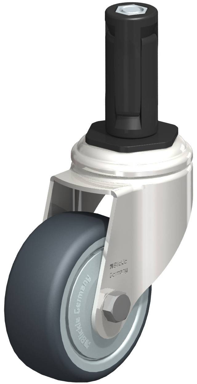 Eine graue Schwenkrolle mit schwarzem Bolzen und silbernem Gehäuse.