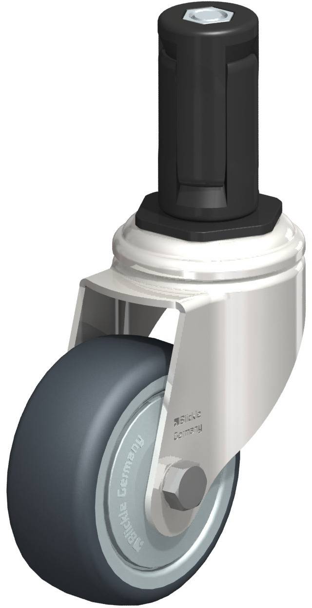 Industrie-Rolle mit silbernem Metallgehäuse und schwarzer Befestigung, geeignet für Schwerlasttransporte.