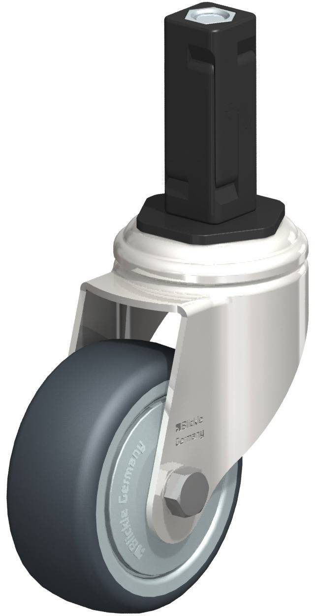 Rolle mit grauem Gummi, silbernem Gehäuse und schwarzer Halterung. Einsatz in Möbeln oder Geräten zur leichten Bewegung.