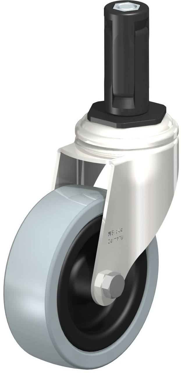 Rolle mit festem Stiel, schwarzem Halter und grauem Rad. Hängeleuchte für Möbel oder Geräte, ermöglicht Bewegung und Flexibilität.