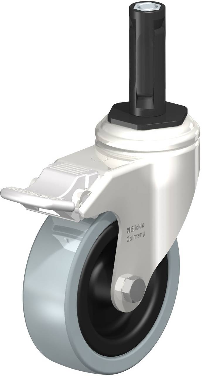 Industrie-Rolle aus Metall und Kunststoff; rechtsläufig, mit Bremse und Stift zur Befestigung. Geeignet für Wagen oder Möbel.