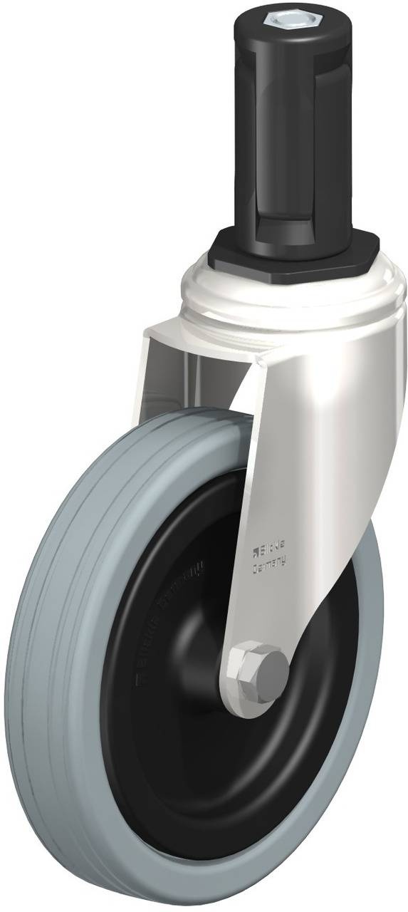 Industrie-Schwenkrolle mit schwarzem Rad und grauem Reifen. Verbindungsstift und Metallschwenkelement oben. Geeignet für schwere Lasten.