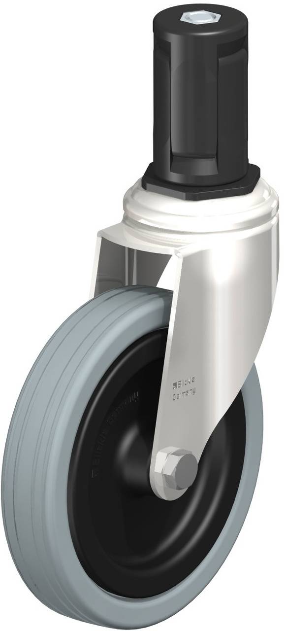 Drehbares Rad mit grauer Gummibereifung und schwarzem Gehäuse, vorgesehen für Möbel oder Transportgeräte.