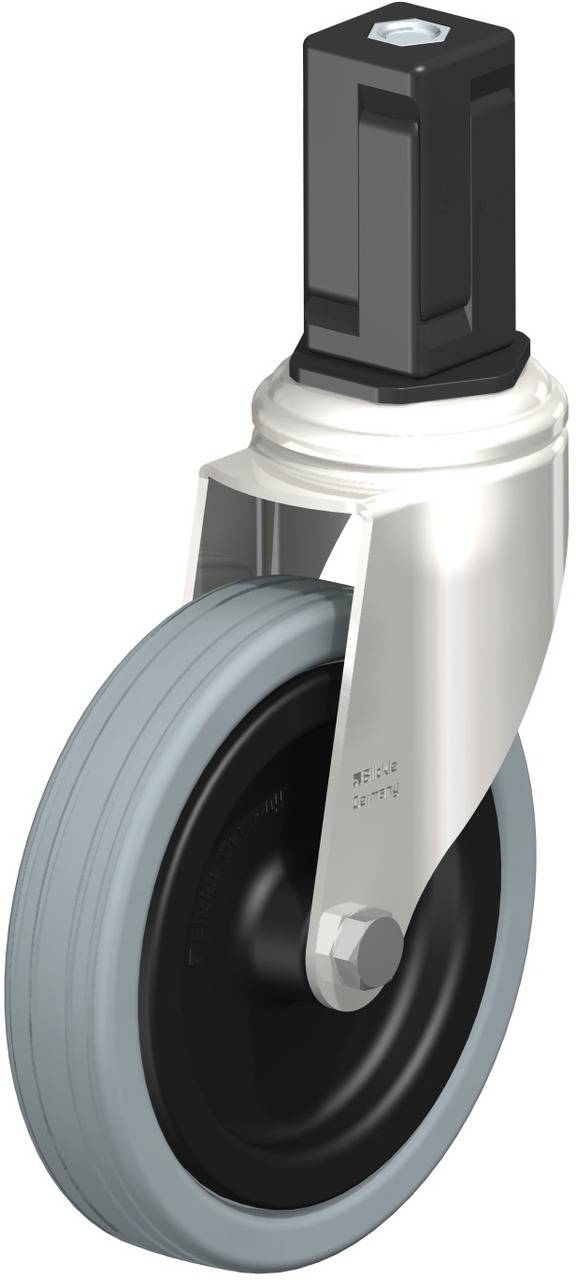 Industrie-Lenkrolle mit grauem Gummirad, schwarzer Nabe und silbernem Metallgehäuse. Verwendet für Möbel oder Ausrüstungen.