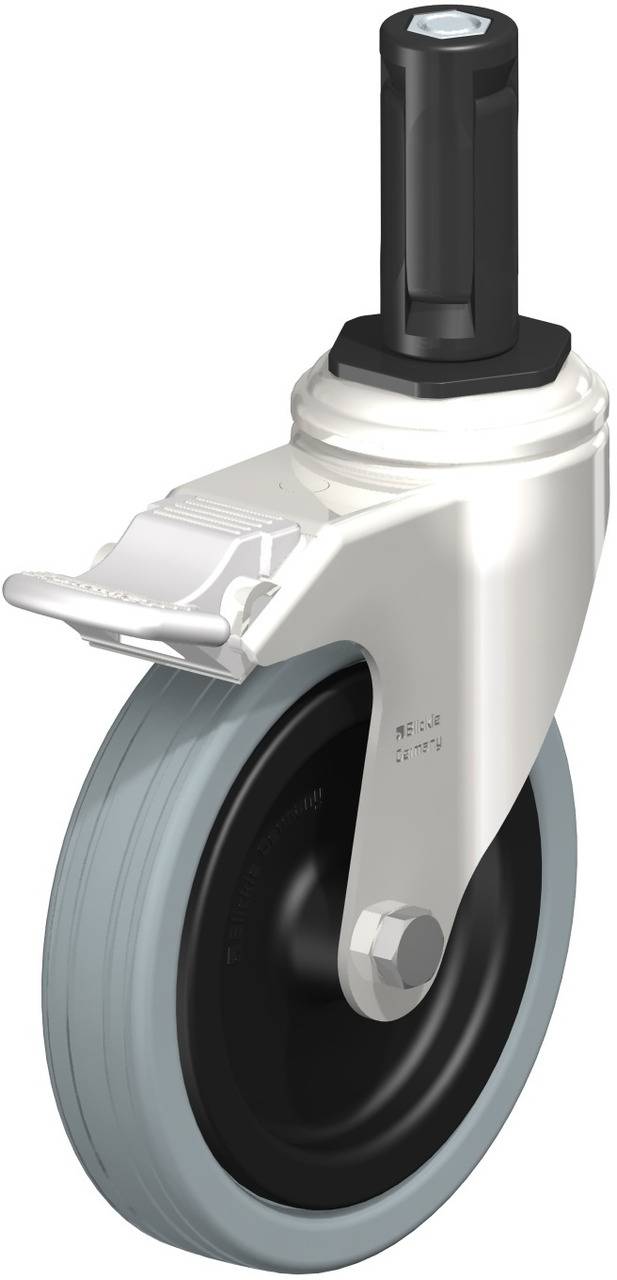 Rolle mit festem Metallgehäuse und einem grauen Gummirad, geeignet für Möbel oder Industrieausrüstung, mit Bremsmechanismus.
