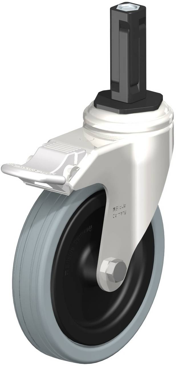 Industrierolle mit schwarzem Gehäuse und grauem Rad. Sie hat eine Bremse und ist für schwere Lasten geeignet.