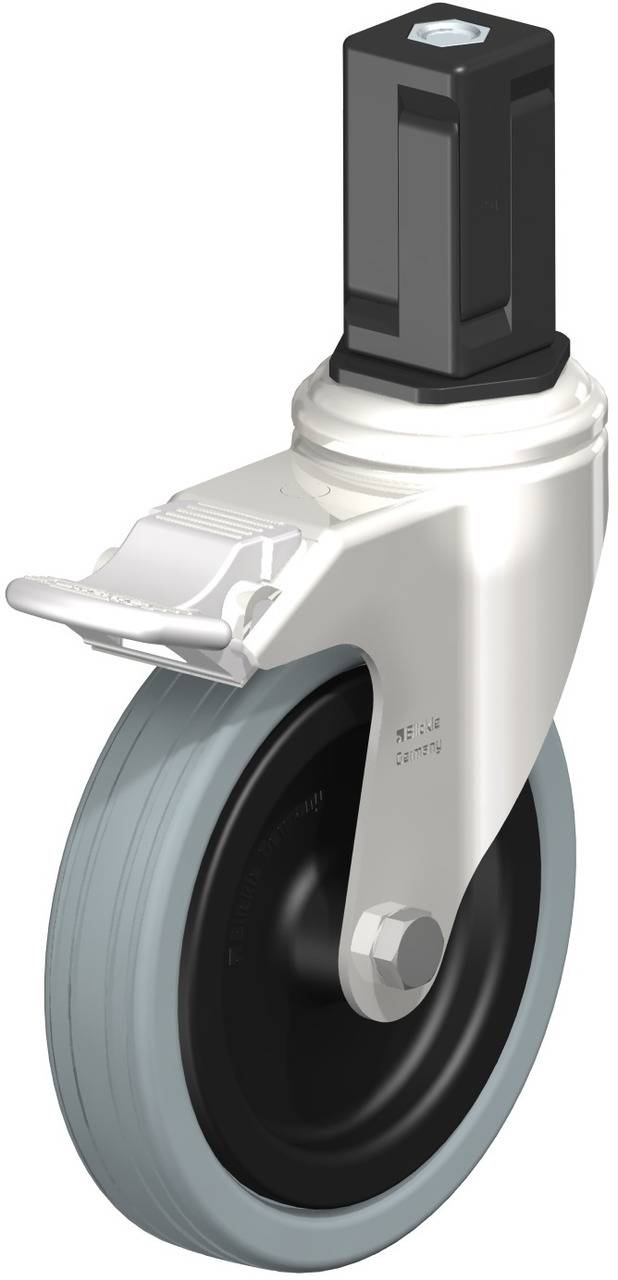 Industrielles Laufrollenrad mit grauem Gummi und schwarzer Halterung, oft in Transportgeräten oder Möbeln verwendet.