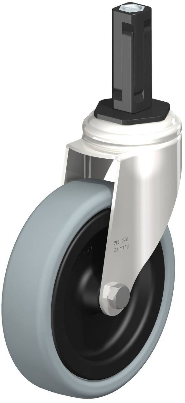 Drehringrolle mit Befestigungsstift, grau-schwarzes Rad, weißes Gehäuse; wird häufig für Möbel oder Transportwagen verwendet.