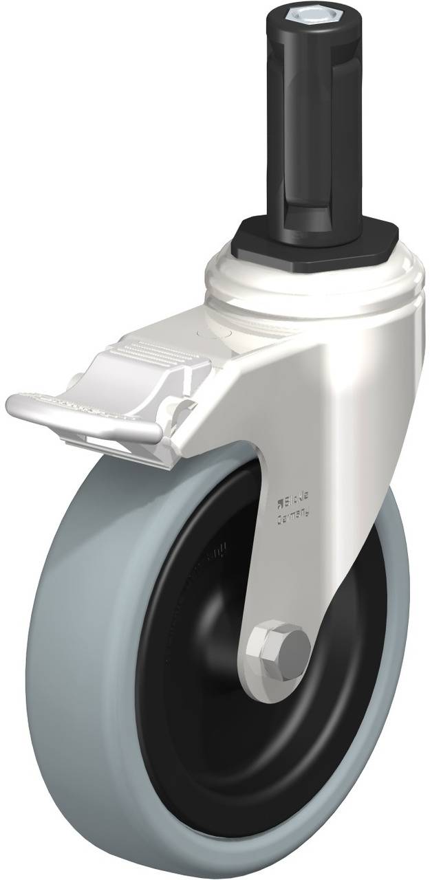 Industrierolle mit grauem Rad und schwarzem Gehäuse. Oben links befestigt, geeignet für Transportgeräte und Möbel mit Rollen.