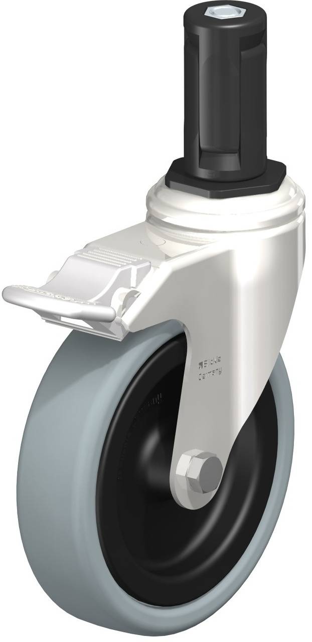 Metallische Lenkrolle mit grauem Rad und schwarzem Schaft, geeignet für industrielle Anwendungen und Möbelfüße.