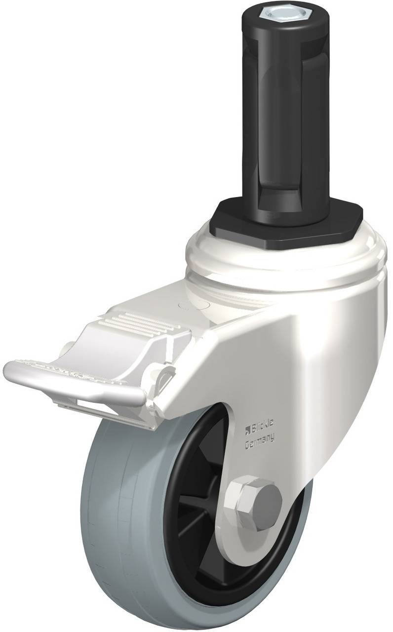Rolle mit Bremse und Gewindestift, oft verwendet an Möbelstücken und Transportgeräten, schwarz-weißes Design mit grauem Rad.