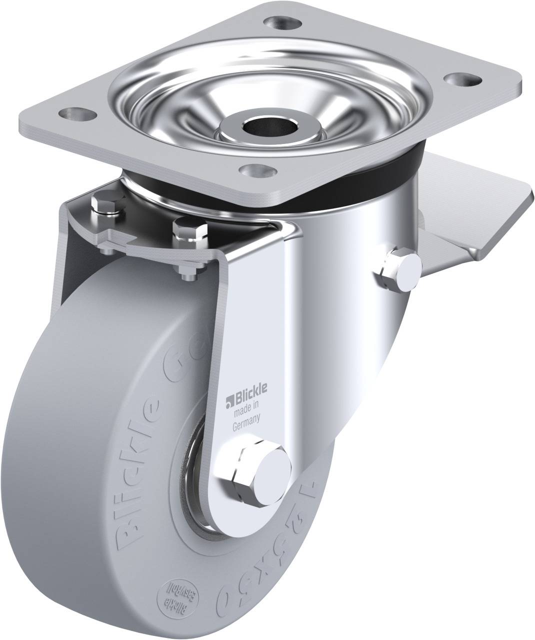 Das Bild zeigt ein graues Schwenkrollenrad mit Metallhalterung und Befestigungsplatte. Es dient zur Befestigung an Möbeln oder Geräten.