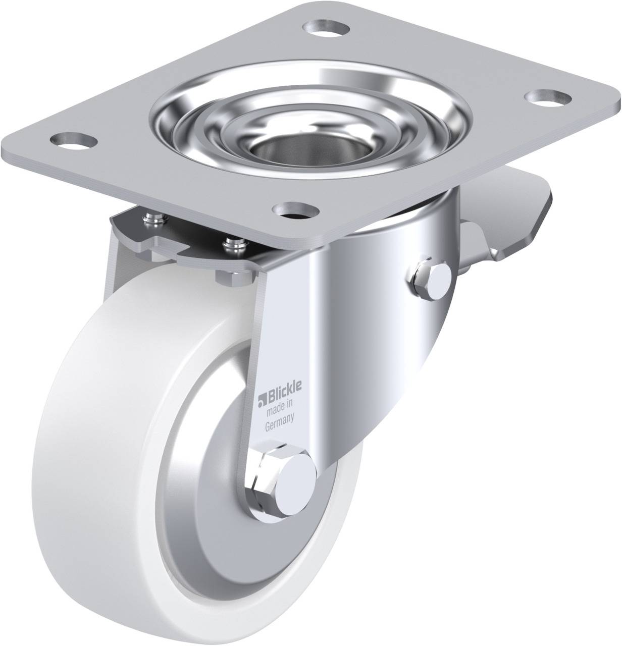 Ein schwenkbares Rad aus Metall und Kunststoff, montiert auf einer rechteckigen Metallplatte. Geeignet für die Bewegung von Möbeln oder Geräten.