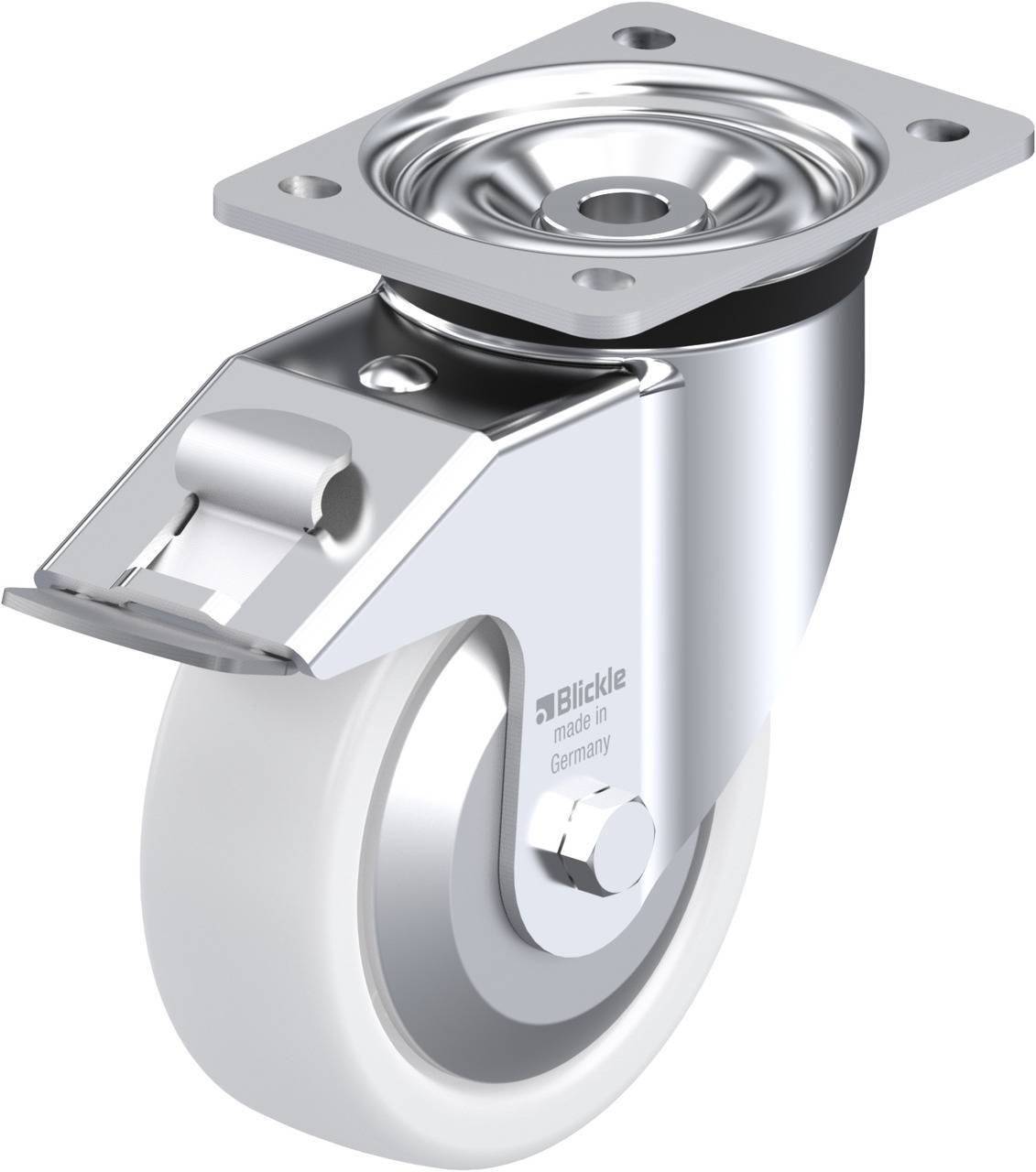 Ein silbernes Schwenk-Rollenrad aus Metall mit weißem Kunststoffreifen. Es hat eine Befestigungsplatte und ist für Möbel geeignet.