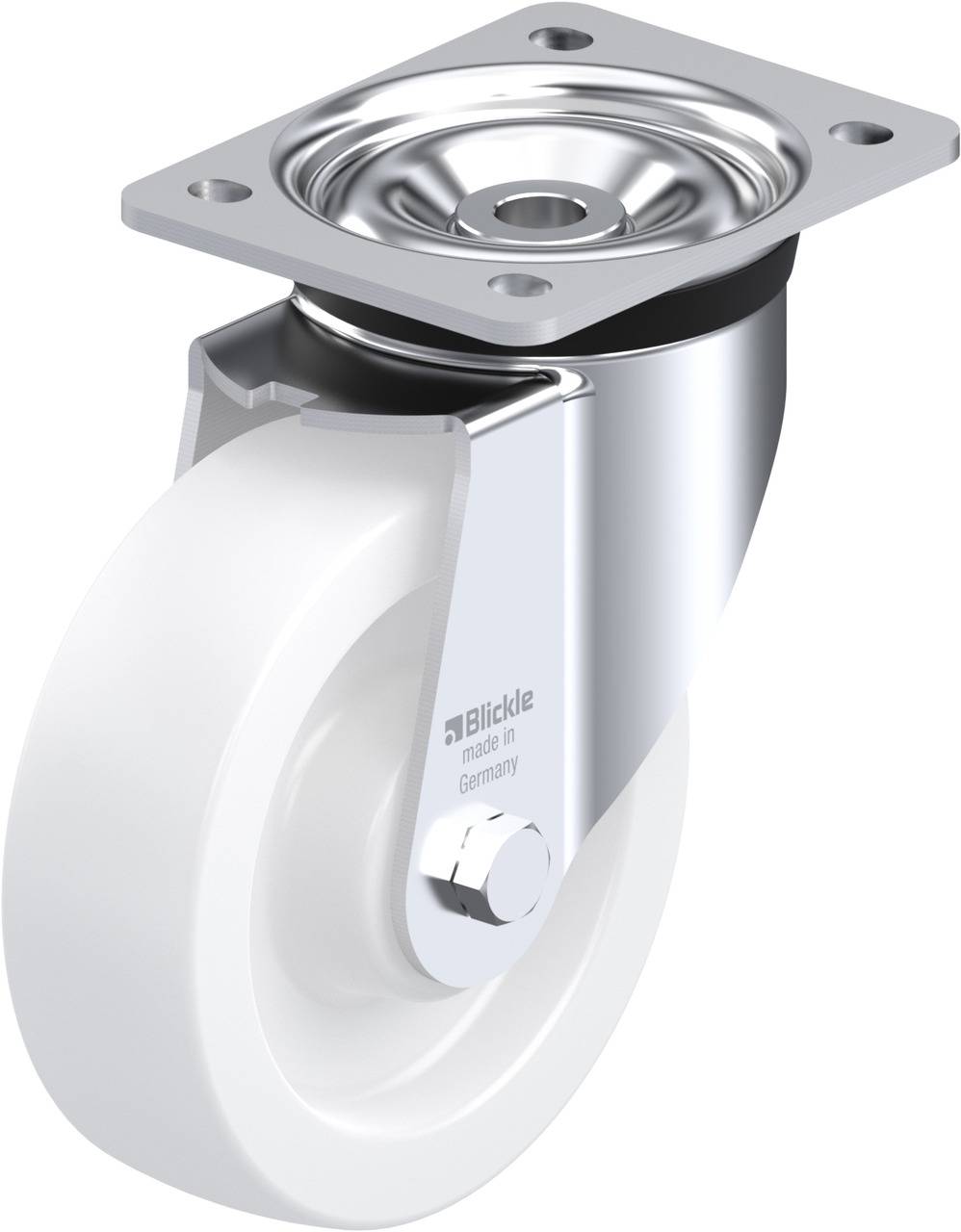 Schwenkrolle mit Metallplatte und weißem Rad aus Kunststoff, geeignet für Industrieanwendungen; Aufschrift 'Blickle made in Germany'.