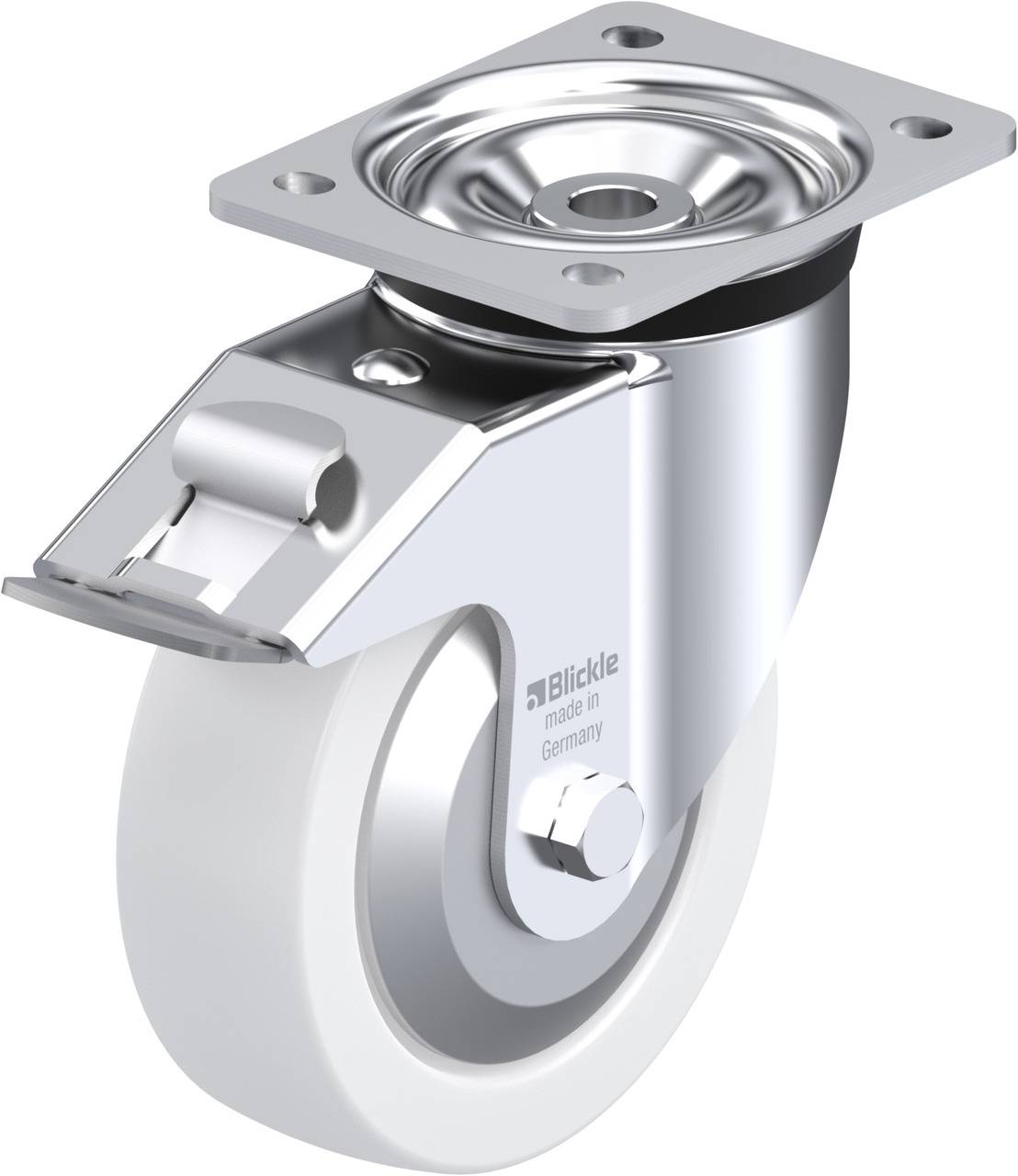Industrie-Lenkrolle aus Metall mit weißem Rad und Befestigungsplatte; geeignet für schwere Lasten und leicht drehbar.