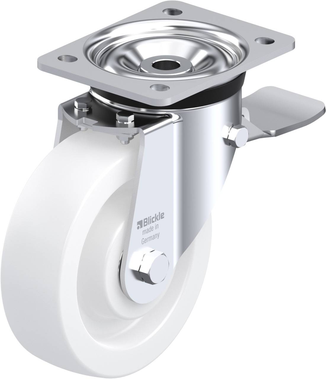 Eine weiße Lenkrolle mit Metallplatte, geeignet für Transportwagen und Möbel. Besteht aus langlebigen Materialien, hergestellt in Deutschland.