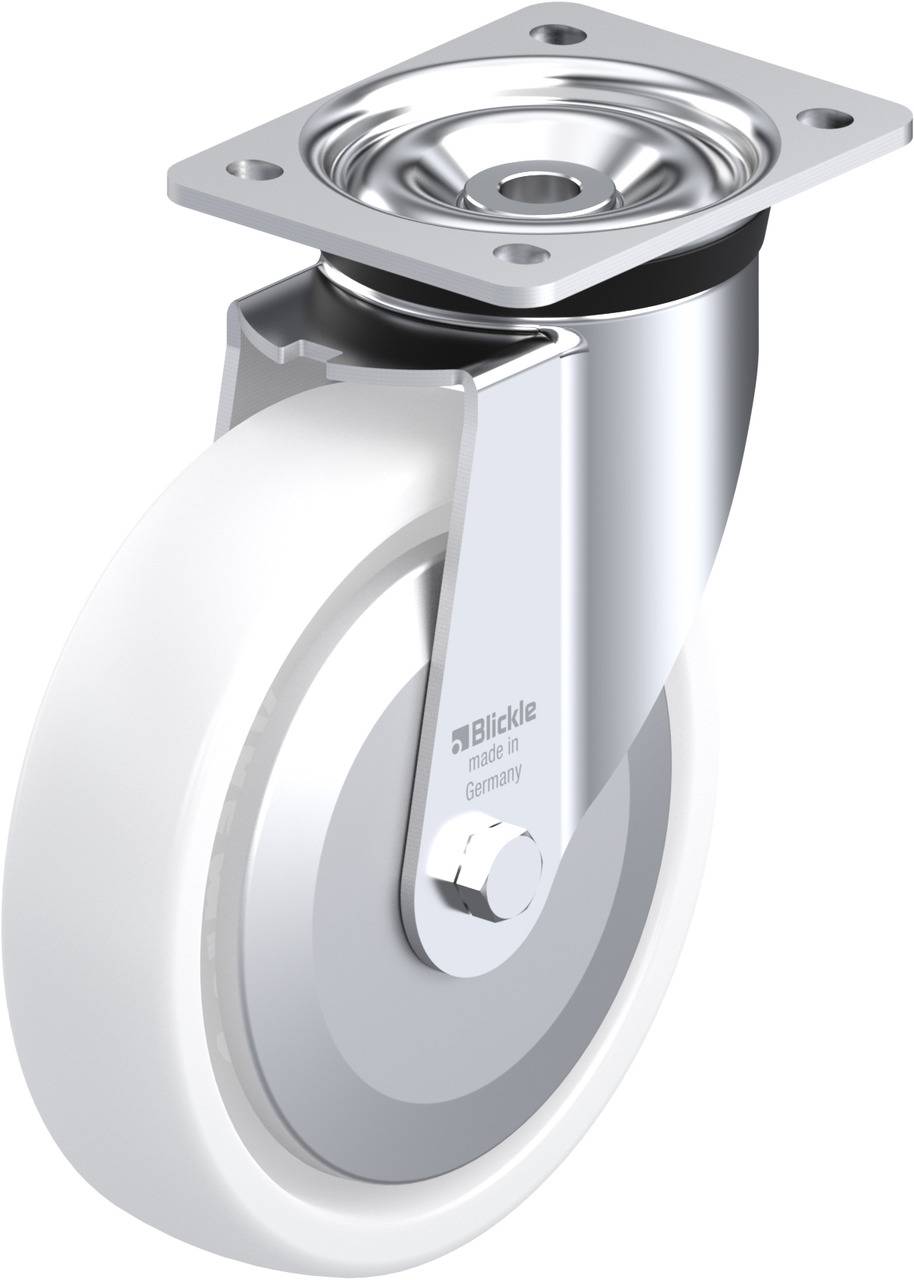 Eine silberne Lenkrolle mit weißem Rad, geeignet für Möbel oder Geräte. Oben eine Metallplatte zur Befestigung.