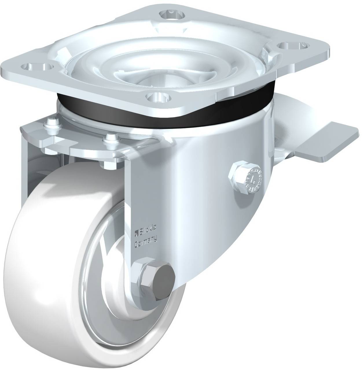 Schwenkrolle aus Metall mit weißem Rad, geeignet für schwere Lasten. Verfügt über eine Befestigungsplatte und drehbaren Mechanismus.
