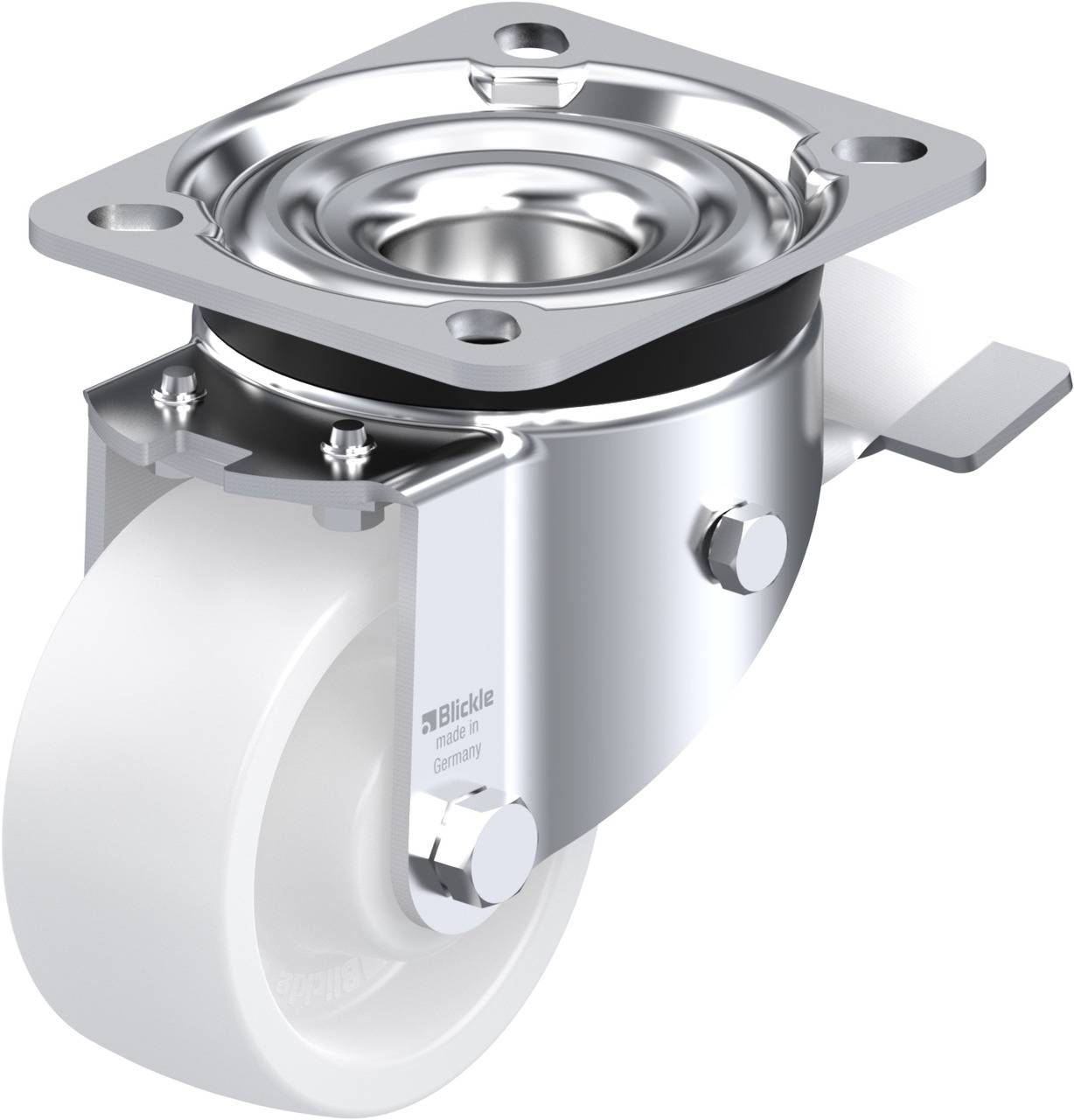 Eine robuste Lenkrolle aus Metall mit weißem Rad, ideal für schwere Lasten. Der Herstellername ist auf der Seite aufgedruckt.