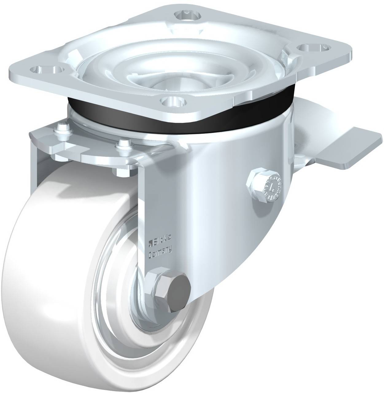 Schwenkrolle mit Metallgehäuse und weißem Rad, seitlich einstellbarer Feststeller für Lenkbewegungen. Geeignet für Möbel.