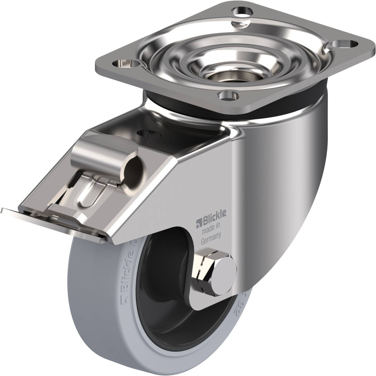 Schwenkrolle aus Metall mit grauem Rad und Befestigungsplatte. Ideal für Möbel oder Geräte zum einfachen Bewegen in verschiedenen Richtungen.