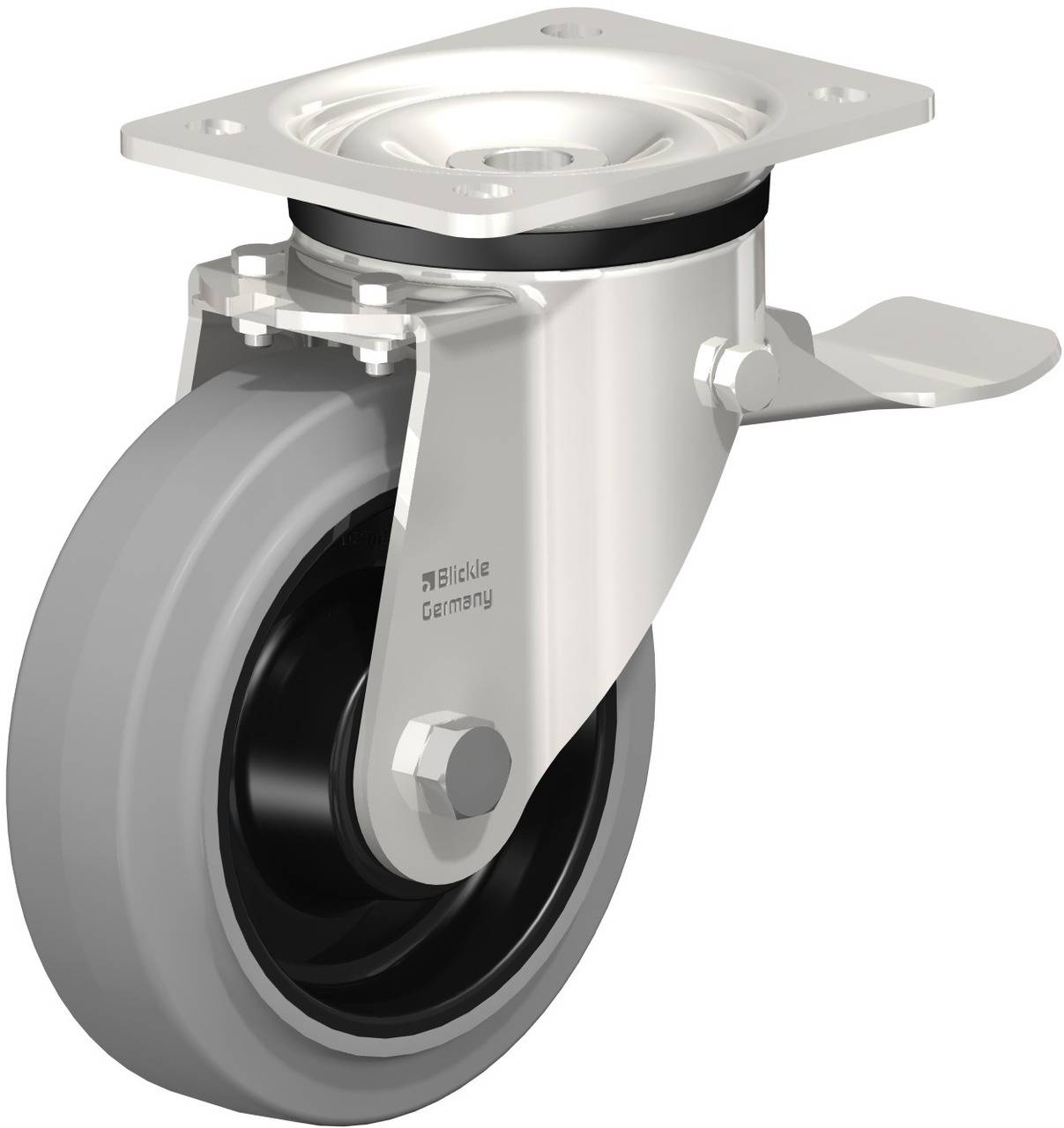 Graues, drehbares Transportrollenrad mit Metallgehäuse, Befestigungsplatte oben und Bremspedal an der Seite.