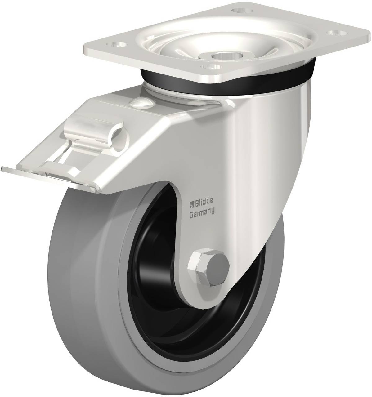 Industrie-Lenkrolle aus Metall und Kunststoff mit grauem Rad, montiert für Schwerlastanwendungen.