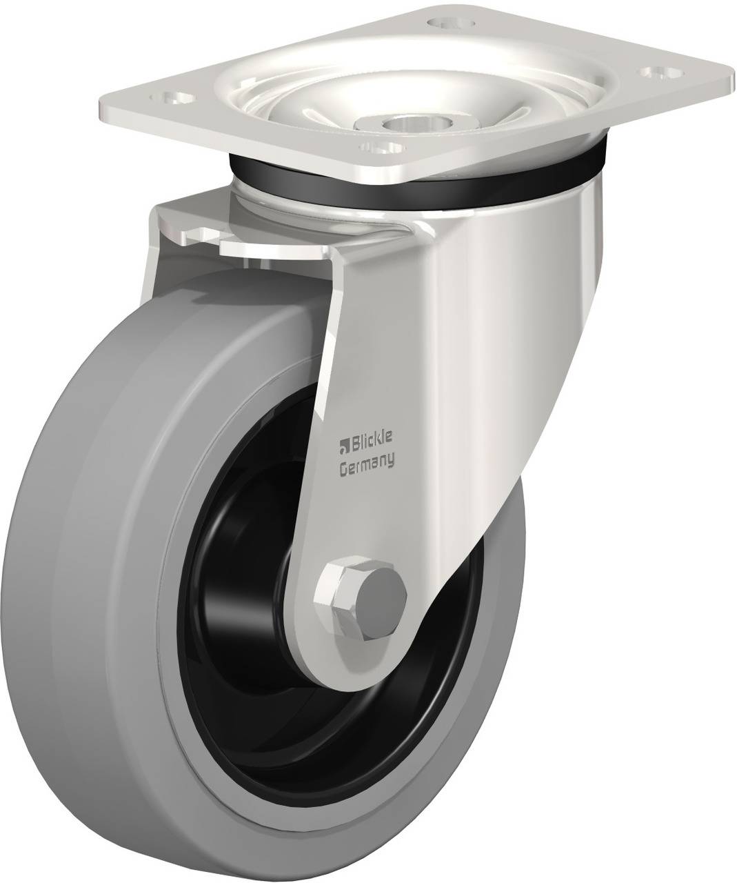 Graue Lenkrolle mit schwarzer Nabe und einer Metallplatte für Befestigung. Geeignet für Möbel oder Ausrüstung mit Mobilitätsanforderungen.