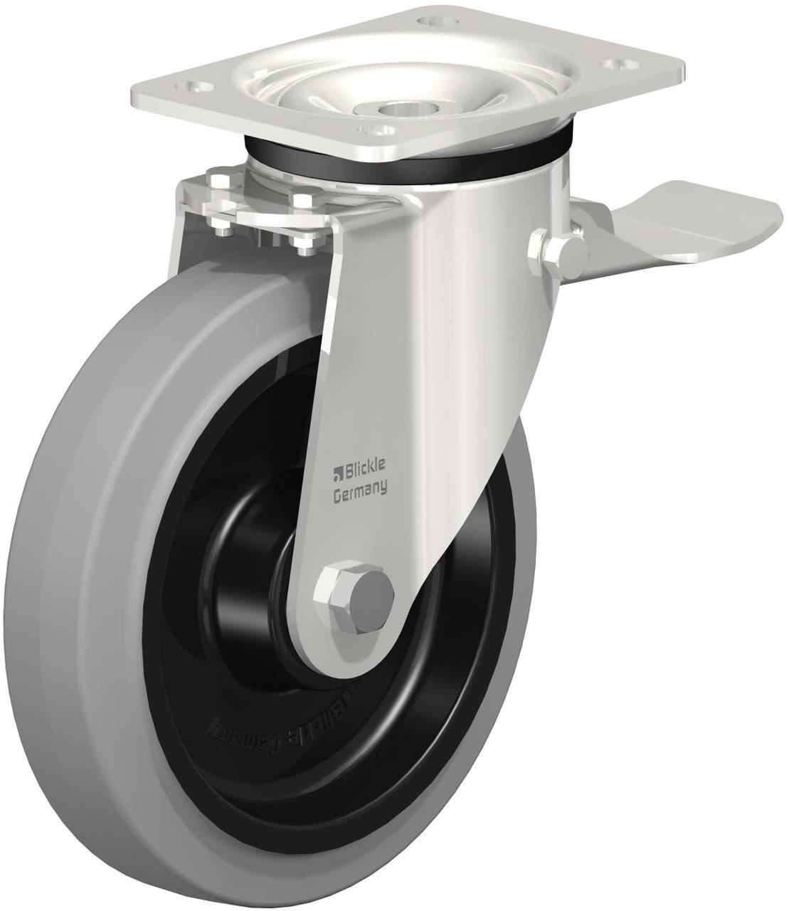 Graues und schwarzes Lenkrollenrad mit Metallschrauben und Montageplatte, geeignet für industrielle Anwendungen.