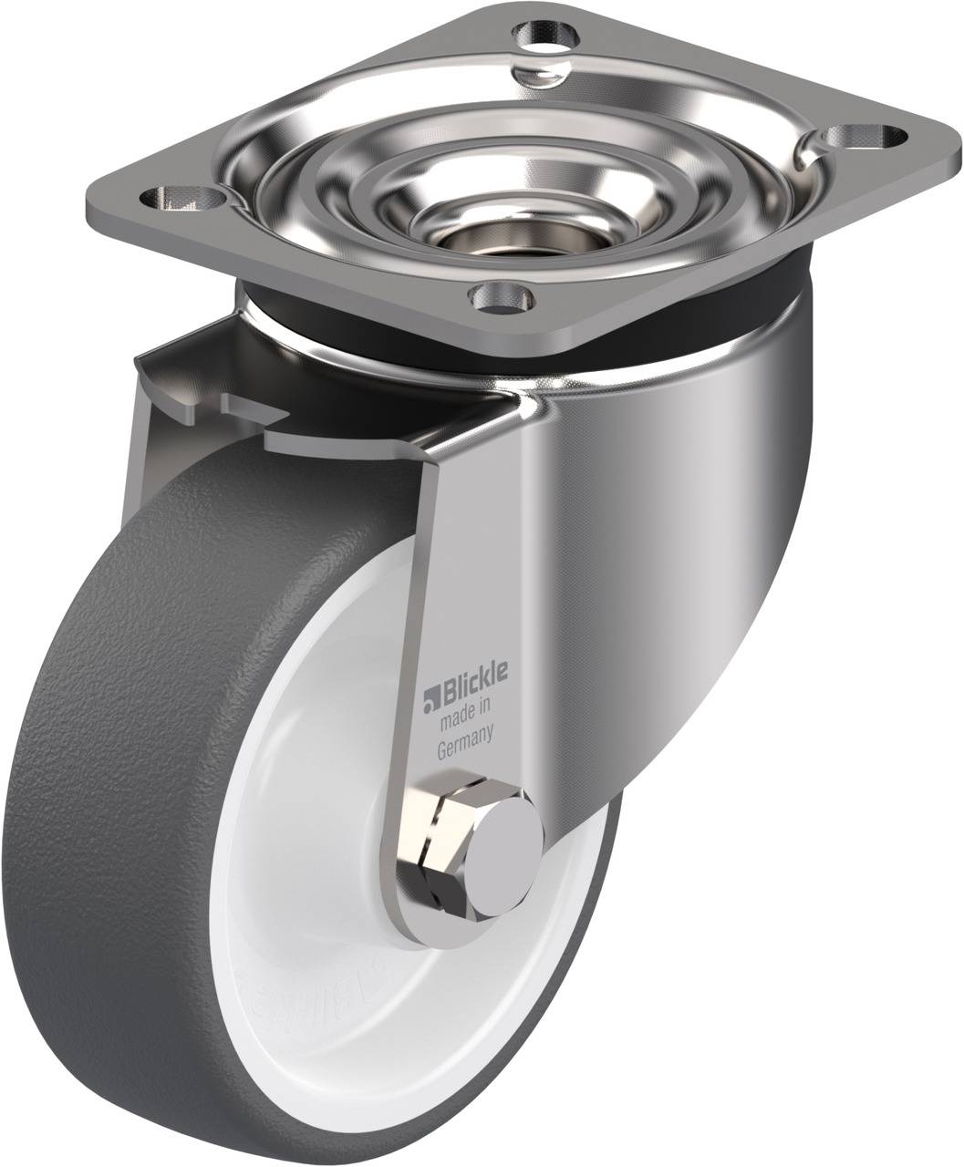 Rollenrad aus Metall und Kunststoff mit grauer Gummibeschichtung, montiert auf einer Metallplatte zur Befestigung.