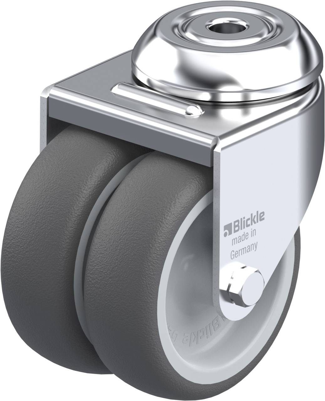 Doppelrolle aus Metall und Gummi mit der Aufschrift 'Blickle, made in Germany', verwendet für Möbel oder Industrieanwendungen.