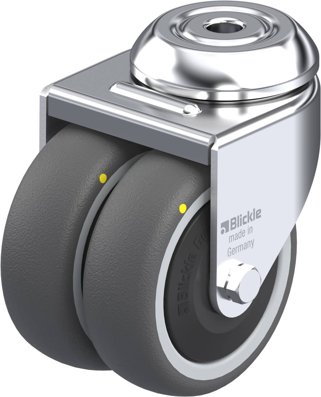 Doppellaufrolle aus Metall und Gummi mit Aufschrift 'Blickle made in Germany'. Entwickelt für hohe Belastbarkeit und Langlebigkeit.