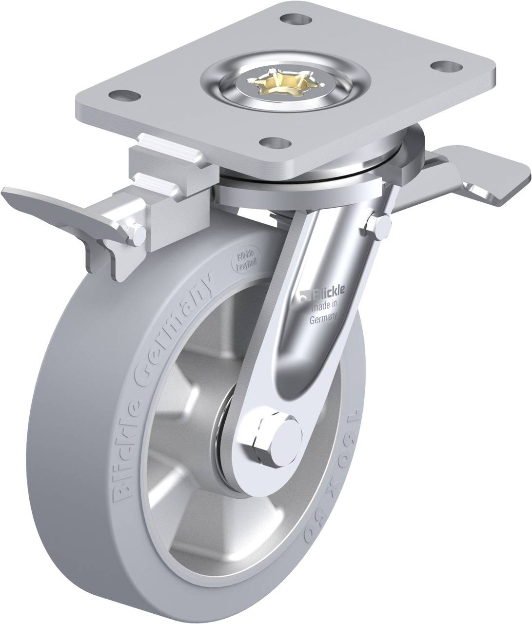 Industrie-Lenkrolle mit festem Metallrahmen und grauem Rad. Sie verfügt über eine Befestigungsplatte und ein Drehgelenk für flexible Bewegung.