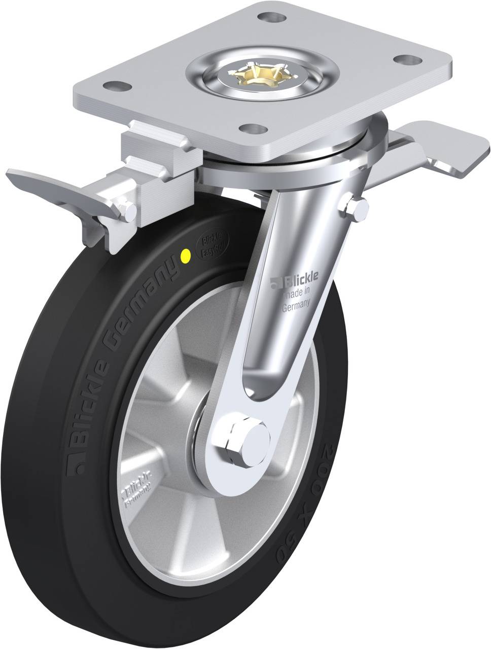 Industrielles Schwenkrad mit schwarzem Rad, silberner Halterung und Bremsmechanismus. Geeignet für schwere Lasten.